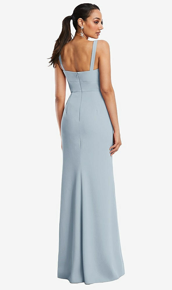 Back View - Mist Cowl-Neck Wide Strap Crepe Trumpet Gown with Front Slit