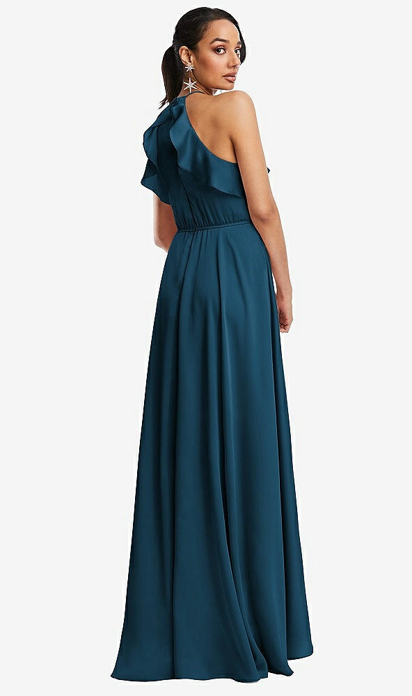 Back View - Atlantic Blue Ruffle-Trimmed Bodice Halter Maxi Dress with Wrap Slit