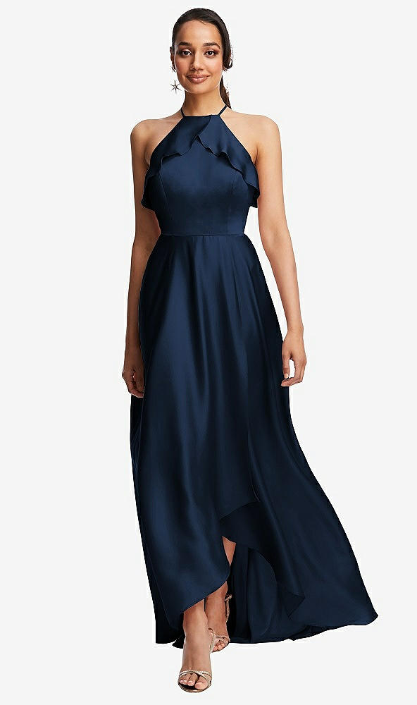 Front View - Midnight Navy Ruffle-Trimmed Bodice Halter Maxi Dress with Wrap Slit