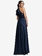 Rear View Thumbnail - Midnight Navy Ruffle-Trimmed Bodice Halter Maxi Dress with Wrap Slit