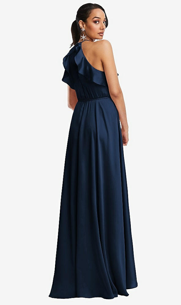 Back View - Midnight Navy Ruffle-Trimmed Bodice Halter Maxi Dress with Wrap Slit
