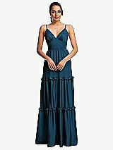Front View Thumbnail - Atlantic Blue Low-Back Triangle Maxi Dress with Ruffle-Trimmed Tiered Skirt