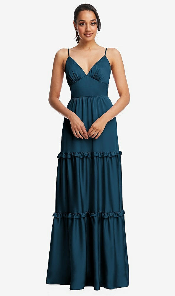 Front View - Atlantic Blue Low-Back Triangle Maxi Dress with Ruffle-Trimmed Tiered Skirt