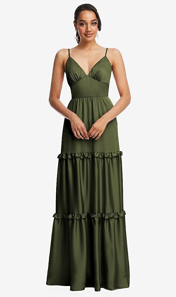 Front View - Olive Green Low-Back Triangle Maxi Dress with Ruffle-Trimmed Tiered Skirt
