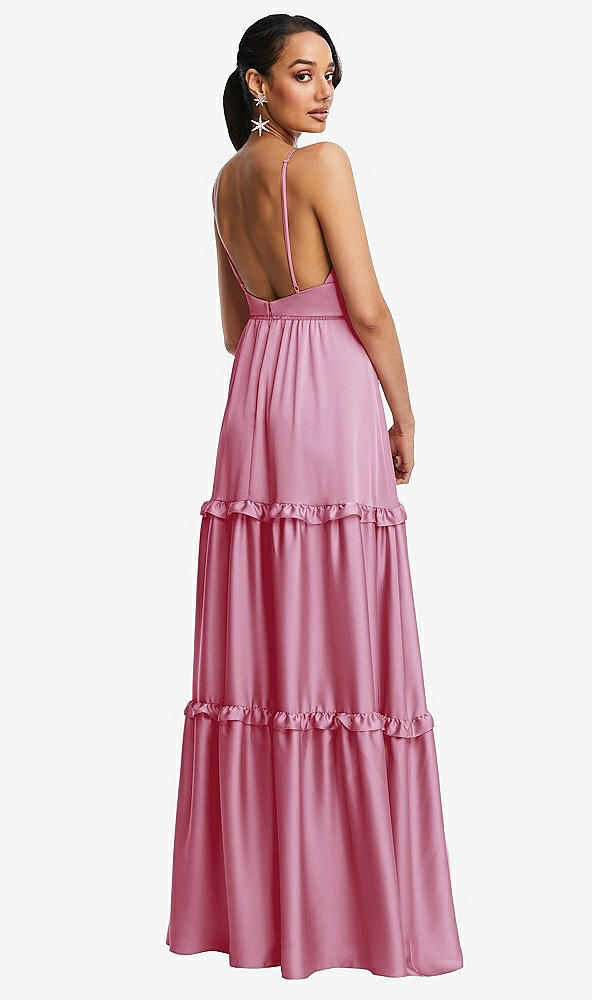 Back View - Powder Pink Low-Back Triangle Maxi Dress with Ruffle-Trimmed Tiered Skirt