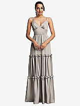 Front View Thumbnail - Taupe Low-Back Triangle Maxi Dress with Ruffle-Trimmed Tiered Skirt