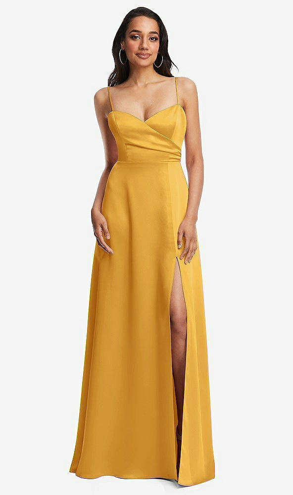 Front View - NYC Yellow Adjustable Strap A-Line Faux Wrap Maxi Dress