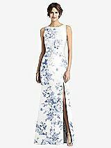 Front View Thumbnail - Cottage Rose Larkspur Sleeveless Floral Satin Trumpet Gown with Bow at Open-Back