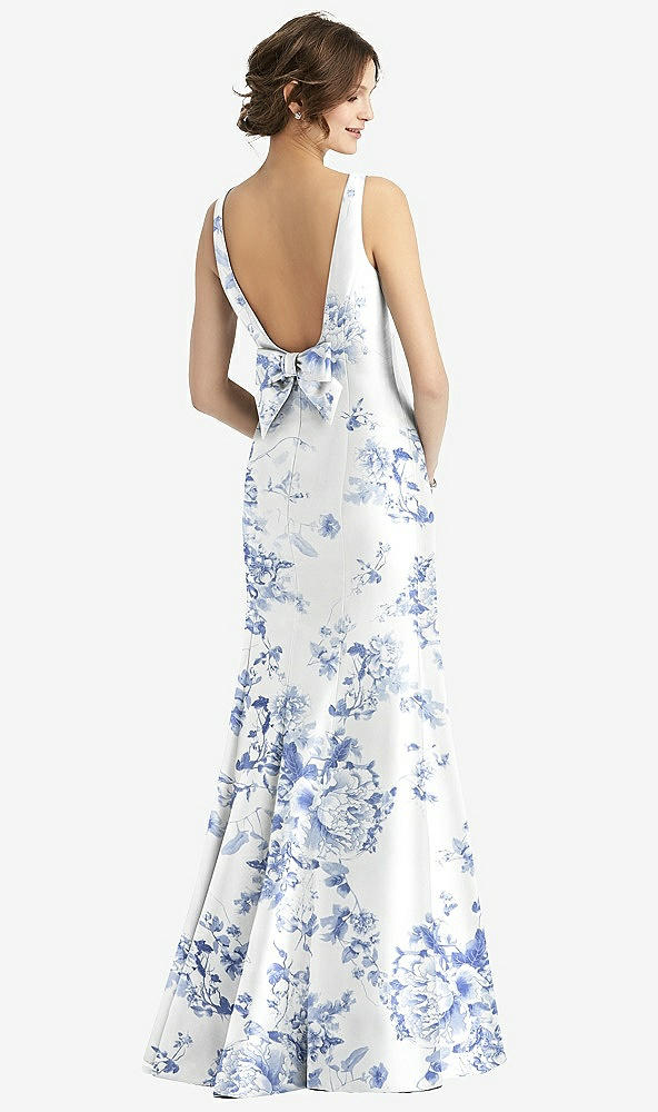 Back View - Cottage Rose Larkspur Sleeveless Floral Satin Trumpet Gown with Bow at Open-Back