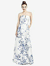 Front View Thumbnail - Cottage Rose Larkspur Strapless Notch Floral Satin Gown with Pockets