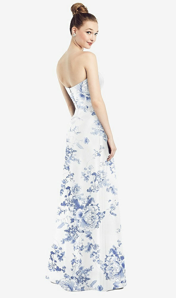 Back View - Cottage Rose Larkspur Strapless Notch Floral Satin Gown with Pockets