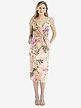 Front View Thumbnail - Butterfly Botanica Pink Sand Sleeveless Pleated Bow-Waist Floral Satin Pencil Dress with Pockets