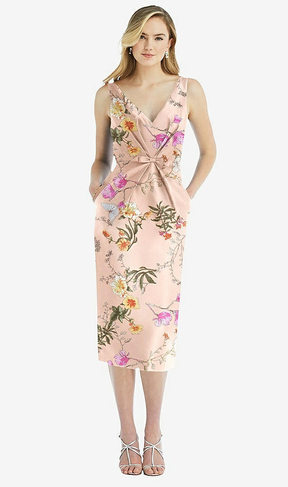 Front View - Butterfly Botanica Pink Sand Sleeveless Pleated Bow-Waist Floral Satin Pencil Dress with Pockets
