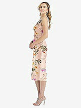 Side View Thumbnail - Butterfly Botanica Pink Sand Sleeveless Pleated Bow-Waist Floral Satin Pencil Dress with Pockets