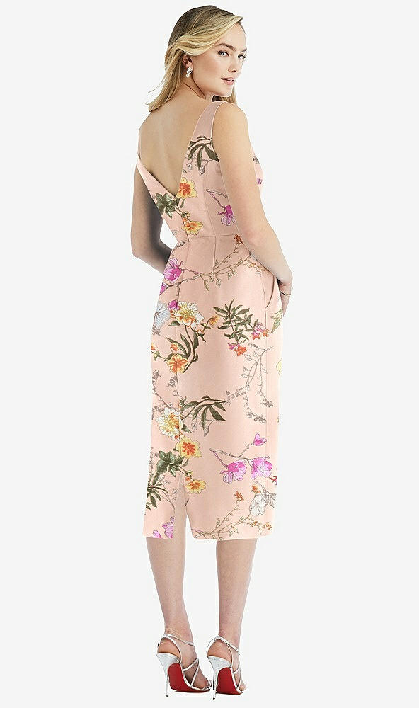 Back View - Butterfly Botanica Pink Sand Sleeveless Pleated Bow-Waist Floral Satin Pencil Dress with Pockets