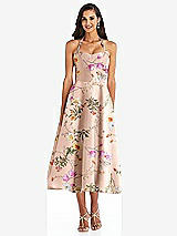 Front View Thumbnail - Butterfly Botanica Pink Sand Tie-Neck Halter Full Skirt Floral Satin Midi Dress