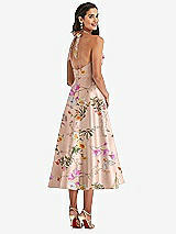 Rear View Thumbnail - Butterfly Botanica Pink Sand Tie-Neck Halter Full Skirt Floral Satin Midi Dress