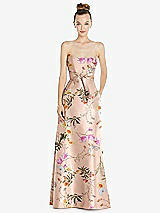 Front View Thumbnail - Butterfly Botanica Pink Sand Basque-Neck Strapless Floral Satin Gown with Mini Sash