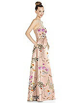 Side View Thumbnail - Butterfly Botanica Pink Sand Basque-Neck Strapless Floral Satin Gown with Mini Sash