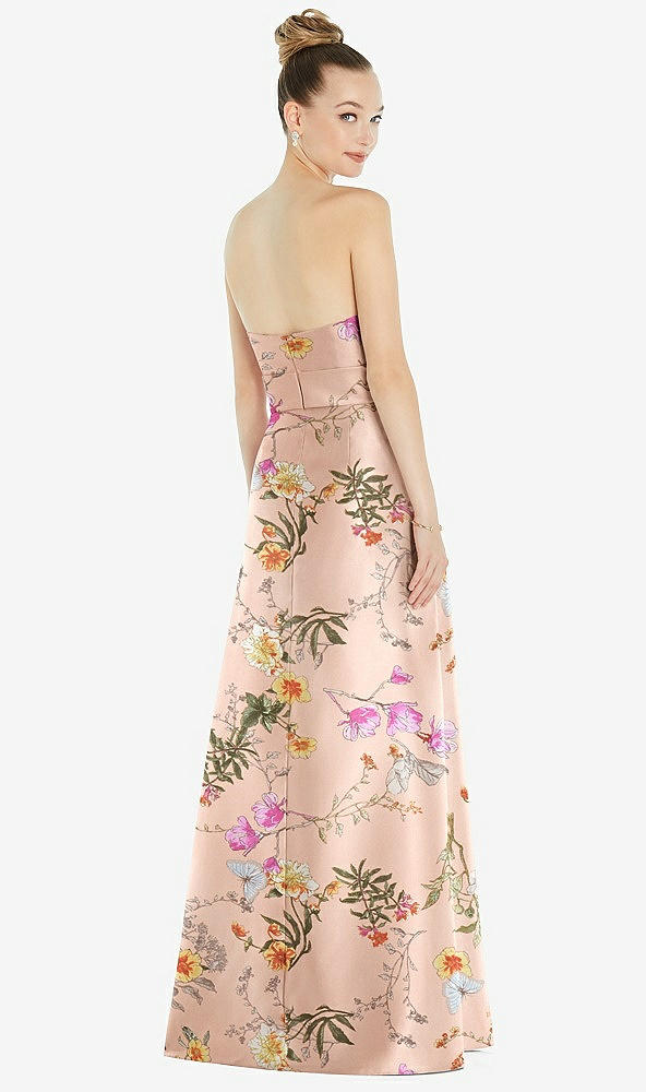Back View - Butterfly Botanica Pink Sand Basque-Neck Strapless Floral Satin Gown with Mini Sash