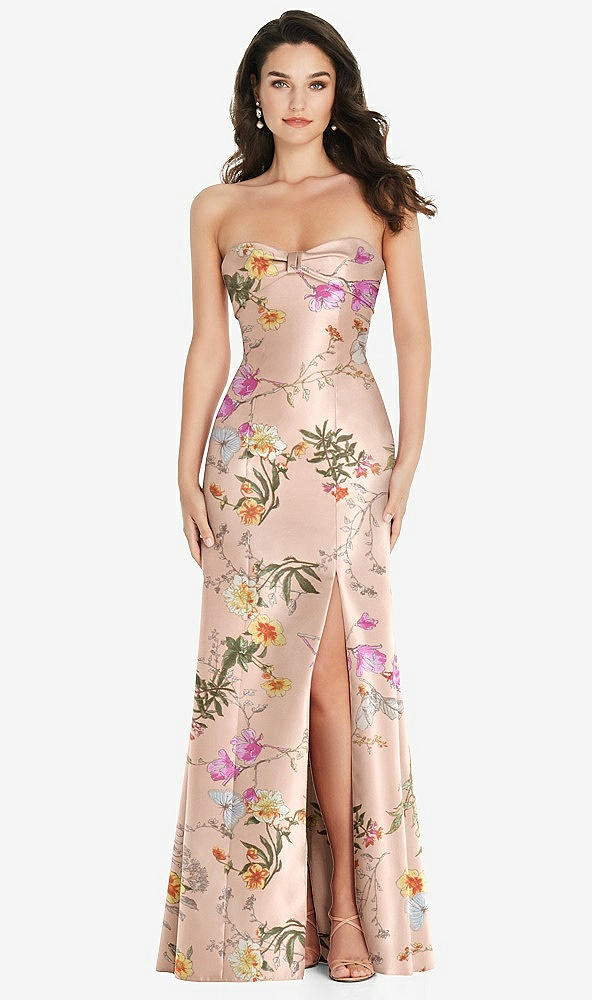 Front View - Butterfly Botanica Pink Sand Bow Cuff Strapless Floral Princess Waist Trumpet Gown