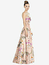 Side View Thumbnail - Butterfly Botanica Pink Sand Bow Cuff Strapless Floral Satin Ball Gown with Pockets