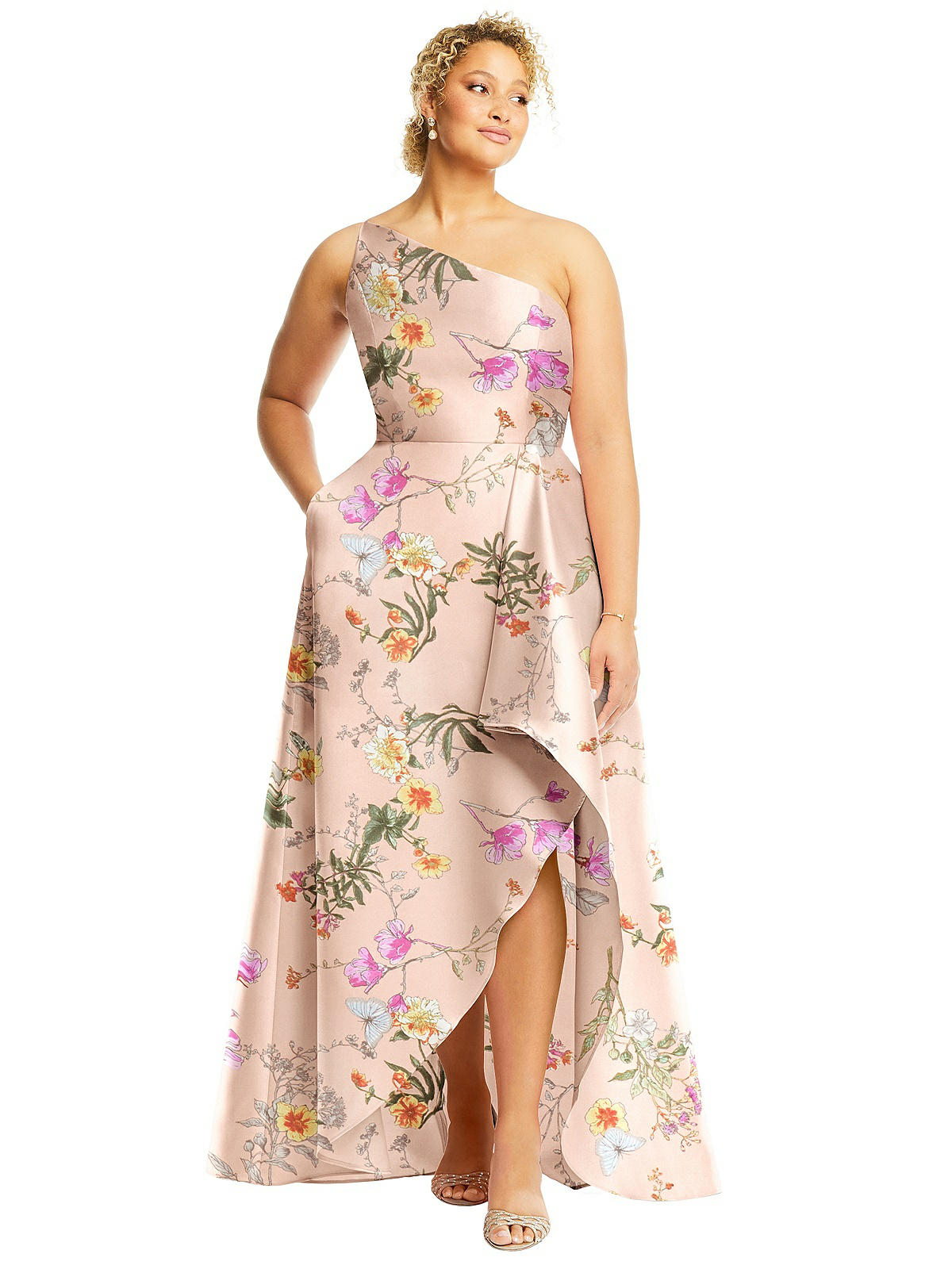 One shoulder Floral Satin Bridesmaid Dress With Draped Front Slit