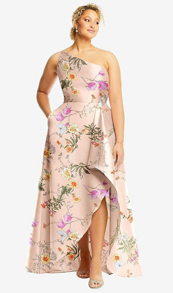 Front View - Butterfly Botanica Pink Sand One-Shoulder Floral Satin Gown with Draped Front Slit
