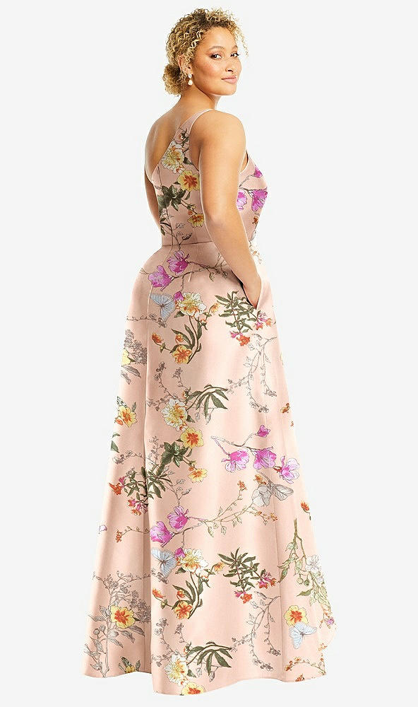 Back View - Butterfly Botanica Pink Sand One-Shoulder Floral Satin Gown with Draped Front Slit