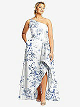 Front View Thumbnail - Cottage Rose Larkspur One-Shoulder Floral Satin Gown with Draped Front Slit