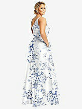 Rear View Thumbnail - Cottage Rose Larkspur One-Shoulder Floral Satin Gown with Draped Front Slit