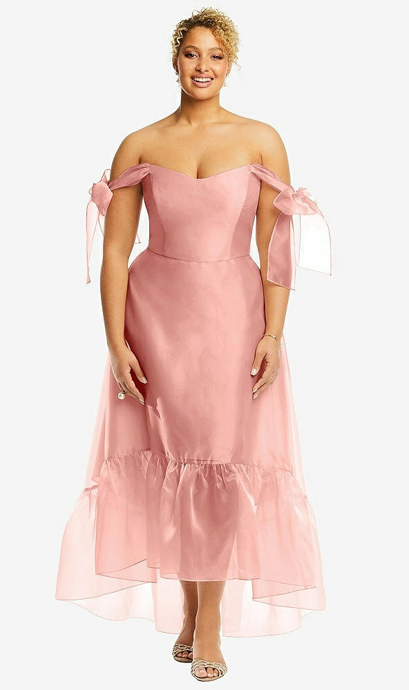Front View - Apricot Convertible Deep Ruffle Hem High Low Organdy Dress with Scarf-Tie Straps