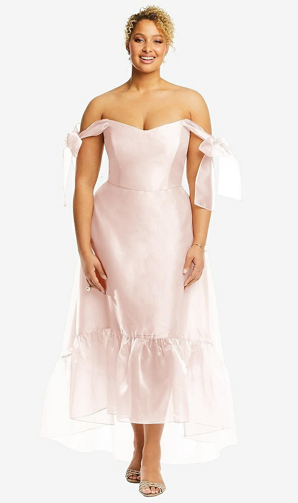 Front View - Blush Convertible Deep Ruffle Hem High Low Organdy Dress with Scarf-Tie Straps