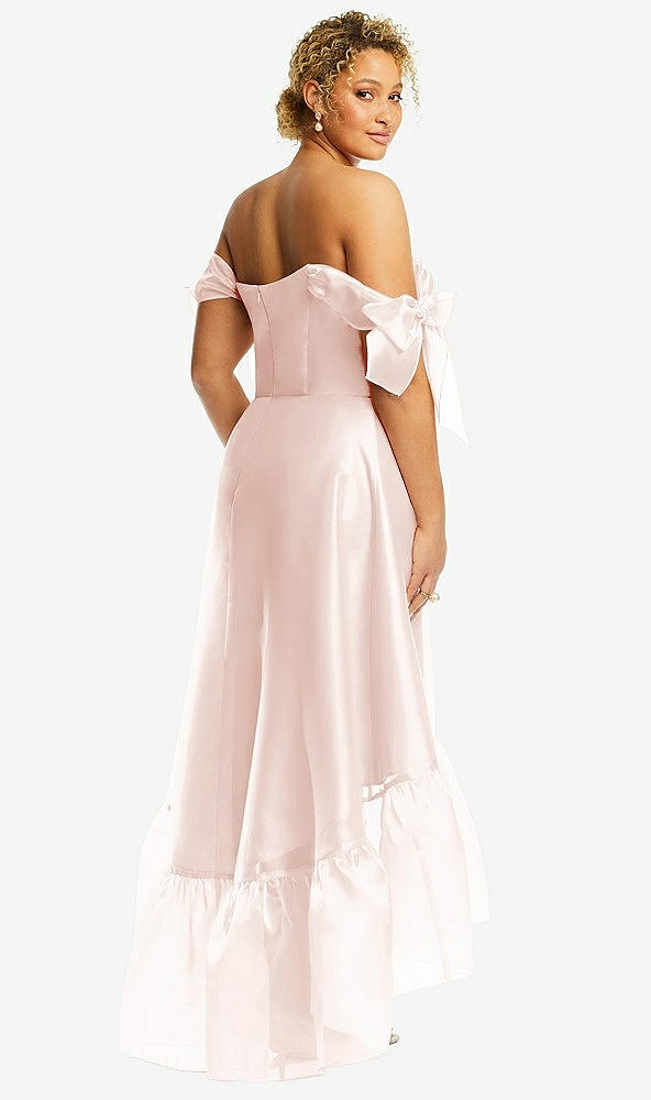 Back View - Blush Convertible Deep Ruffle Hem High Low Organdy Dress with Scarf-Tie Straps