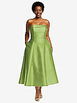 Front View Thumbnail - Mojito Cuffed Strapless Satin Twill Midi Dress with Full Skirt and Pockets