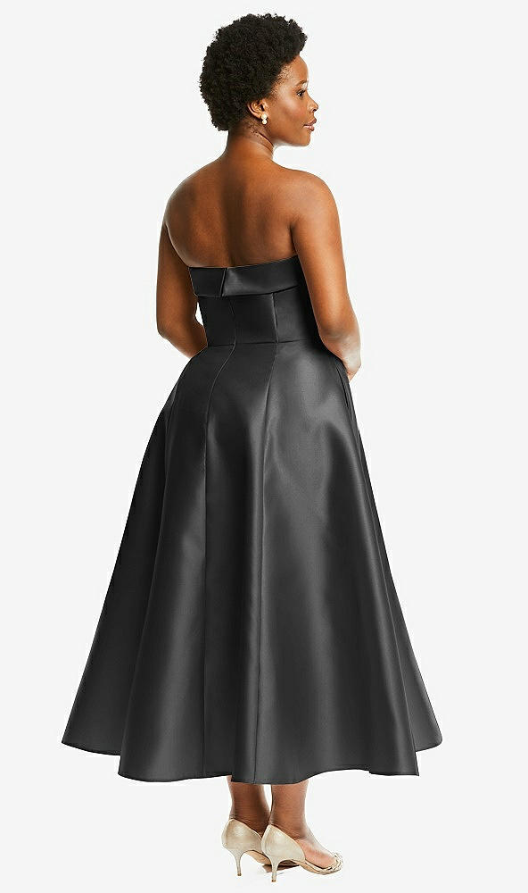 Back View - Pewter Cuffed Strapless Satin Twill Midi Dress with Full Skirt and Pockets