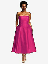 Front View Thumbnail - Think Pink Cuffed Strapless Satin Twill Midi Dress with Full Skirt and Pockets