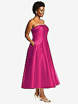 Side View Thumbnail - Think Pink Cuffed Strapless Satin Twill Midi Dress with Full Skirt and Pockets