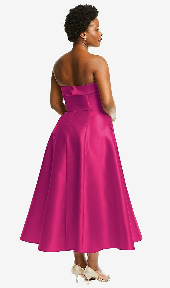 Back View - Think Pink Cuffed Strapless Satin Twill Midi Dress with Full Skirt and Pockets
