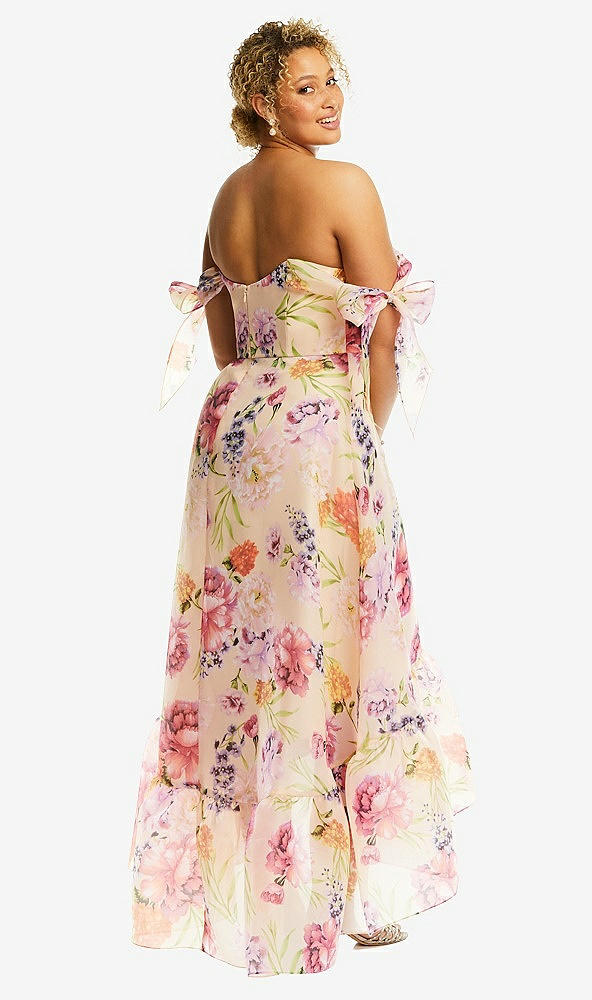 Back View - Penelope Floral Print Convertible Deep Ruffle Hem High Low Floral Organdy Dress with Scarf-Tie Straps