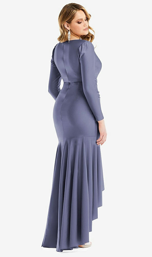 Back View - French Blue Long Sleeve Pleated Wrap Ruffled High Low Stretch Satin Gown