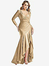 Front View Thumbnail - Soft Gold Long Sleeve Pleated Wrap Ruffled High Low Stretch Satin Gown