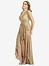 Side View Thumbnail - Soft Gold Long Sleeve Pleated Wrap Ruffled High Low Stretch Satin Gown