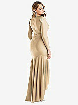 Rear View Thumbnail - Soft Gold Long Sleeve Pleated Wrap Ruffled High Low Stretch Satin Gown
