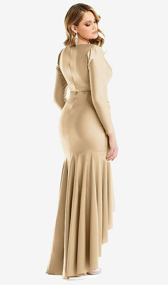 Back View - Soft Gold Long Sleeve Pleated Wrap Ruffled High Low Stretch Satin Gown