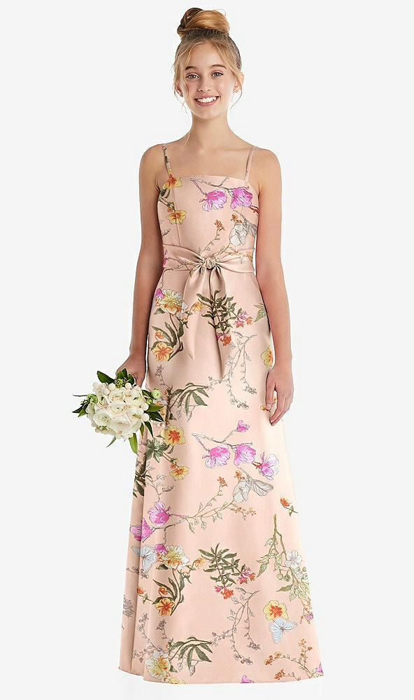 Front View - Butterfly Botanica Pink Sand Floral A-Line Satin Junior Bridesmaid Dress with Mini Sash