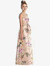 Side View Thumbnail - Butterfly Botanica Pink Sand Floral A-Line Satin Junior Bridesmaid Dress with Mini Sash