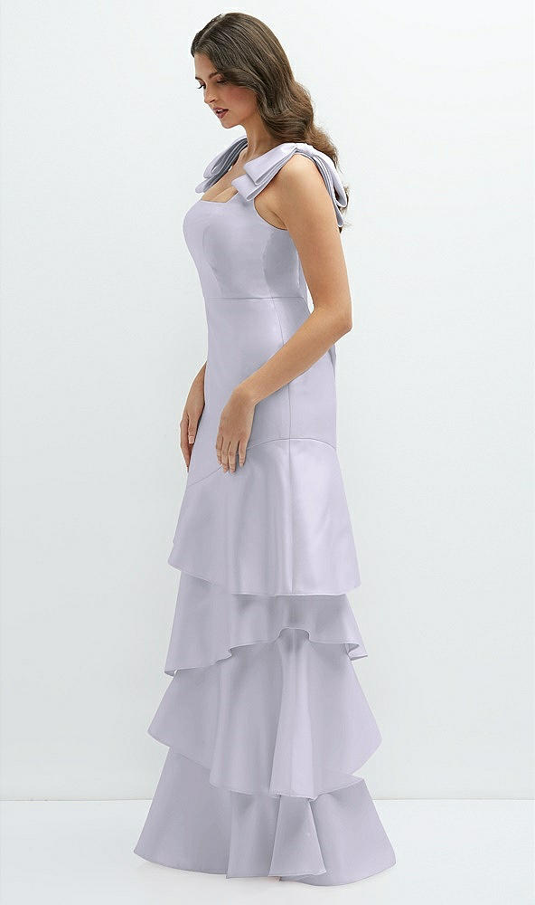 Bow-Shoulder Satin Maxi Dress with Asymmetrical Tiered Skirt