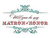 Front View Thumbnail - Pantone Turquoise & Perfect Coral Will You Be My Matron of Honor Card - Vintage
