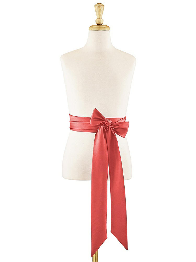 Front View - Perfect Coral Matte Satin Flower Girl Sash